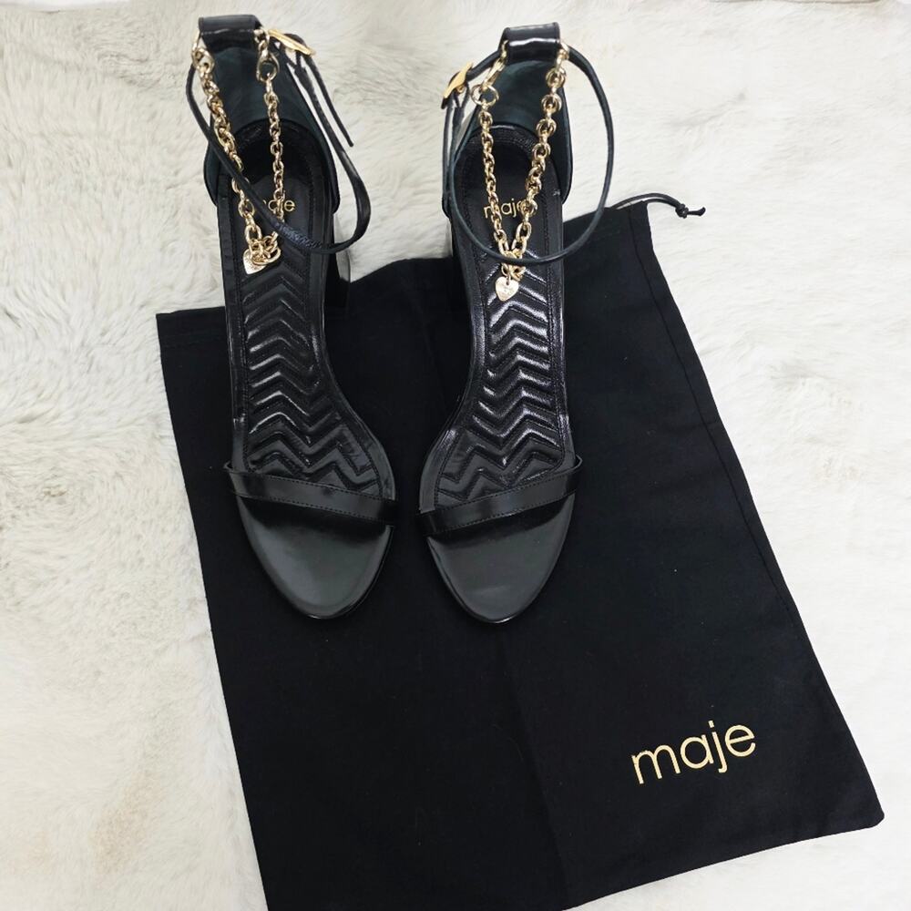 NEW Maje Feverlow Black Patent Leather Gold Chain Heart High Heel Sandals EU 39 - Picture 13 of 15